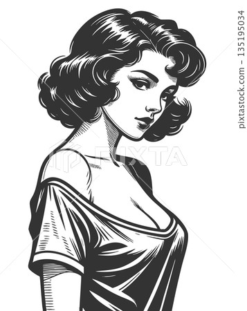 Woman with Seductive Expression engraving vector Woman with Seductive Expression engraving vector 135195034