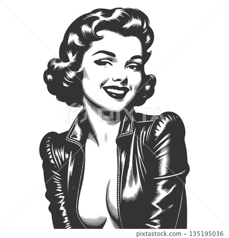 Smiling Woman in Leather Jacket Black and White Smiling Woman in Leather Jacket Black and White 135195036