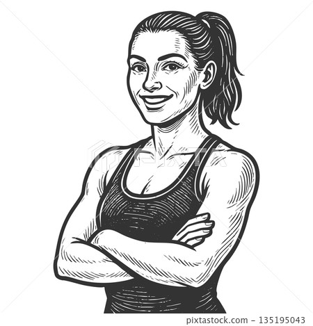 Smiling female fitness trainer engraving vector 135195043