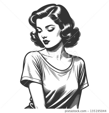 woman looking down engraving vector illustration 135195044