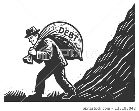 Man carrying debt uphill as financial burden Man carrying debt uphill as financial burden 135195048