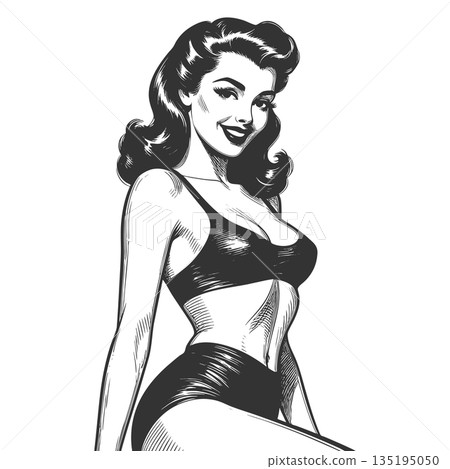 Pin-Up Woman in Bikini Style Pose engraving vector Pin-Up Woman in Bikini Style Pose engraving vector 135195050
