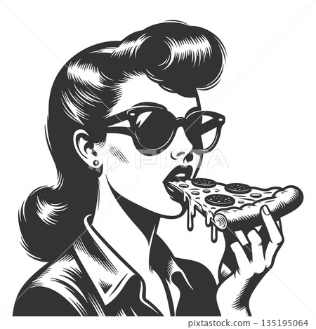 Retro Woman Eating Pizza in Pop Art Style vector 135195064