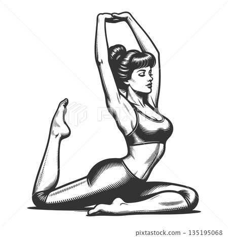 Woman Doing Yoga Stretch Pose engraving vector Woman Doing Yoga Stretch Pose engraving vector 135195068