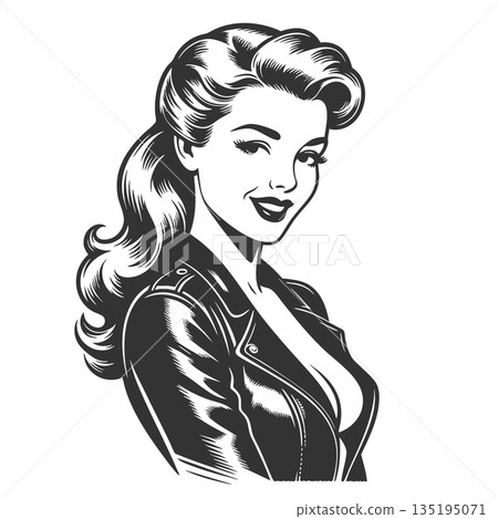Smiling Woman in Leather Jacket Black and White 135195071