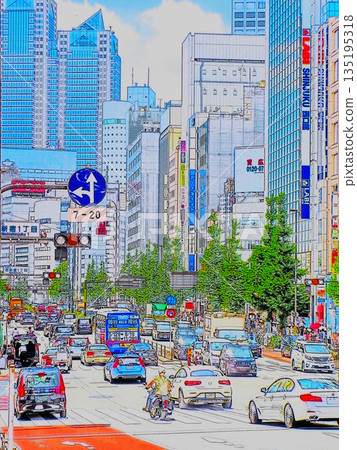 An illustration of a photo of the Koshu Kaido near Nishi-Shinjuku 1-chome intersection in Shinjuku Ward, Tokyo 135195318