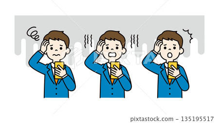 Vector illustration material set of a young businessman who looks troubled while looking at his smartphone_Color Vector illustration material set of a young businessman who looks troubled while looking at his smartphone_Color 135195517