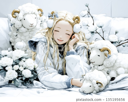 Fantasy illustration: A soothing world where a sheep spirit girl relaxes in a fluffy bedroom Fantasy illustration: A soothing world where a sheep spirit girl relaxes in a fluffy bedroom 135195656