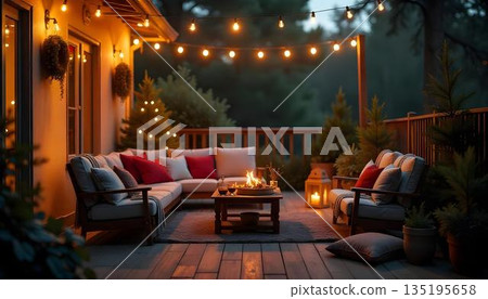 Inviting patio with seating and a fire pit, ideal for a cozy New Year's celebration among family and friends Inviting patio with seating and a fire pit, ideal for a cozy New Year's celebration among family and friends 135195658