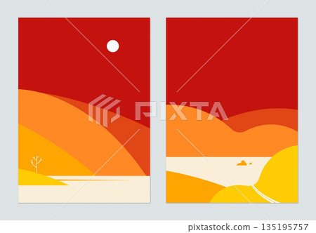 Minimalist landscape poster design, mountains and lake in warm tone Minimalist landscape poster design, mountains and lake in warm tone 135195757