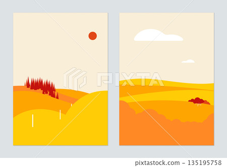 Minimalist landscape poster design, small forest on small hills in warm tone 135195758