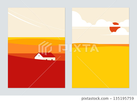 Minimalist landscape poster design, house on the hill and big sun on the sky in warm tone Minimalist landscape poster design, house on the hill and big sun on the sky in warm tone 135195759