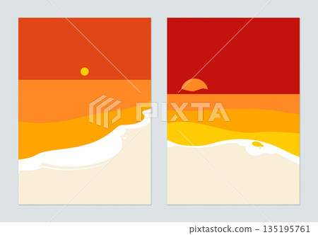 Minimalist landscape poster design, beach and sunset in warm tone 135195761