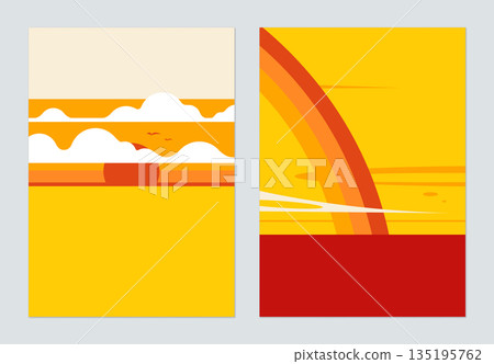 Minimalist landscape poster design, sunset and rainbow over the sea in warm tone 135195762