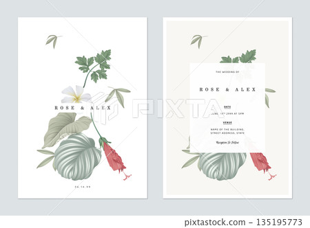 Floral wedding invitation card template design, various flowers and leaves Floral wedding invitation card template design, various flowers and leaves 135195773