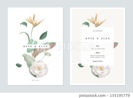 Floral wedding invitation card template design, various flowers and leaves Floral wedding invitation card template design, various flowers and leaves 135195779