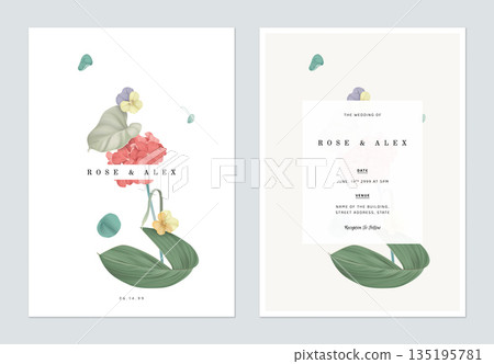 Floral wedding invitation card template design, various flowers and leaves Floral wedding invitation card template design, various flowers and leaves 135195781
