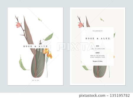 Floral wedding invitation card template design, various flowers and leaves 135195782