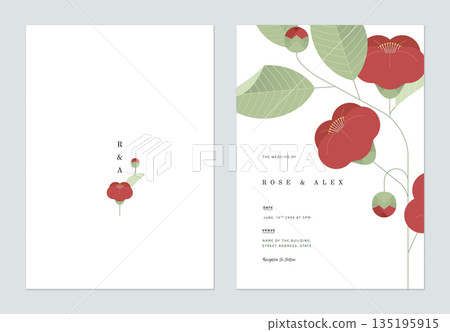 Floral wedding invitation card template design, red camellia flower and leaves Floral wedding invitation card template design, red camellia flower and leaves 135195915