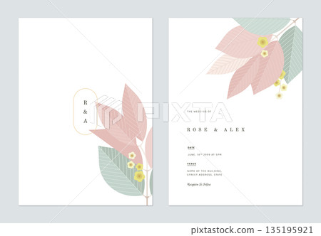 Floral wedding invitation card template design, green and red leaves with yellow flowers on white Floral wedding invitation card template design, green and red leaves with yellow flowers on white 135195921