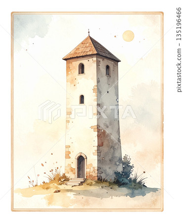 雷諾曼卡牌「高塔」：一幅簡單的水彩插畫，描繪了一座象徵孤立和鳥瞰視角的高塔。 1 / 可用於傳單和海報製作。 135196466