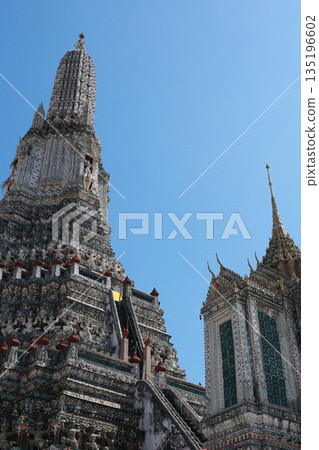 Pagoda in Wat Arun temple is temple landmark near Chao Phraya river at Bangkok Thailand 135196602