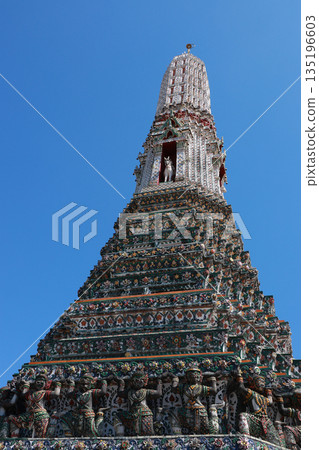 Pagoda in Wat Arun temple is temple landmark near Chao Phraya river at Bangkok Thailand 135196603