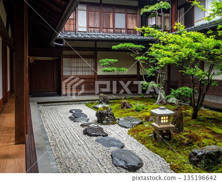 [AI-generated image] A traditional Kyoto townhouse with a traditional Japanese garden that can be enjoyed throughout the seasons 135196642