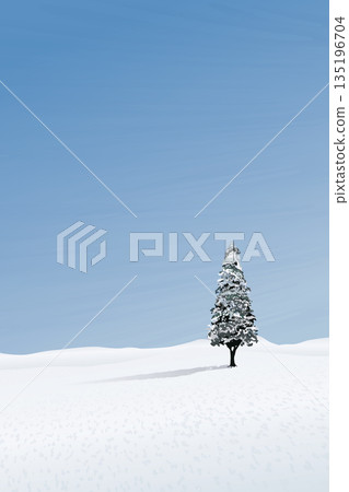 Minimalist snowscape with lonely pine tree have blue sky vertical background graphic illustration. Merry Christmas and Happy New Year greeting card template have blank space. 135196704