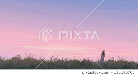Silhouette grass field landscape with a woman graphic illustration have blank space at twilight sky background. Silhouette grass field landscape with a woman graphic illustration have blank space at twilight sky background. 135196705
