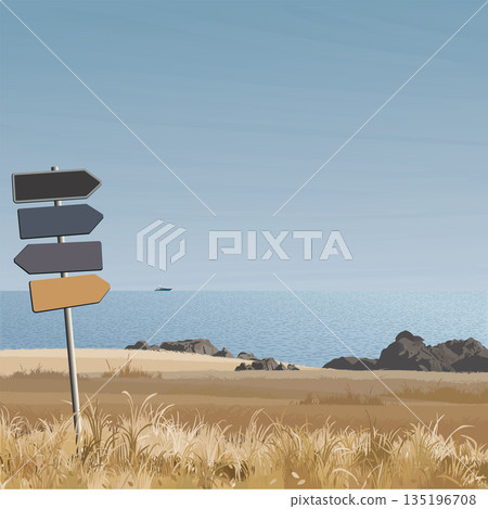 Seashore landscape with grass field in autumn season graphic illustration have blank direction sign pole foreground. Seashore landscape with grass field in autumn season graphic illustration have blank direction sign pole foreground. 135196708