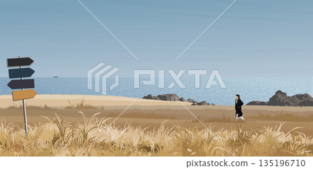 Seashore landscape with a woman walking on grass field in autumn season have direction sign pole at foreground graphic illustration. Coastline have blue sky background. 135196710