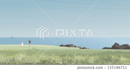 Seashore landscape with tourist in grass field graphic illustration. Coastline have blue sky background. 135196711