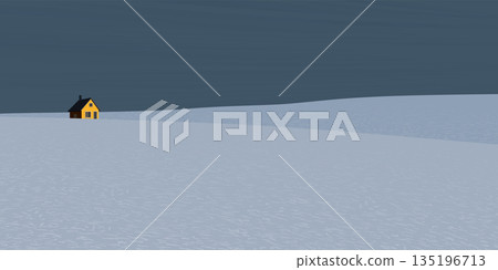 Minimalist snowscape at night with log cabin graphic illustration. Merry Christmas and Happy New Year greeting card template have blank space. 135196713