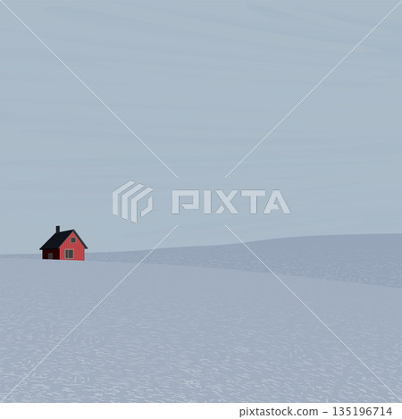 Minimalist snowscape with log cabin graphic illustration. Merry Christmas and Happy New Year greeting card square template have blank space. 135196714