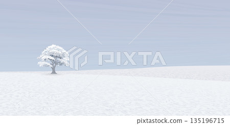 Minimalist winter landscape with lonely snowy tree graphic illustration. Merry Christmas and Happy New Year greeting card template have blank space. 135196715