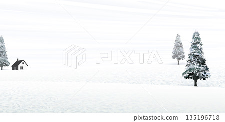 Minimalist winter landscape with snowy pine tree and log cabin graphic illustration. Merry Christmas and Happy New Year greeting card template have blank space. 135196718