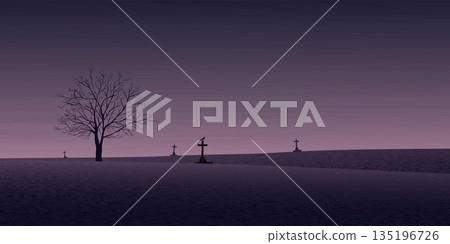 Minimalist graveyard landscape with silhouette dead tree and dusk sky background graphic illustration have blank space. 135196726