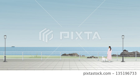Seascape viewpoint at the cliff in winter has a woman and a dog standing graphic illustration. Travel with pet concept have blank space. 135196733