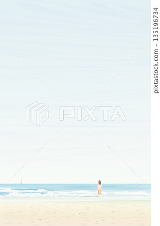 Minimalist seascape with light blue sky vertical background have a woman standing on the sandy beach and hit by waves graphic illustration. Minimalist seascape with light blue sky vertical background have a woman standing on the sandy beach and hit by waves graphic illustration. 135196734