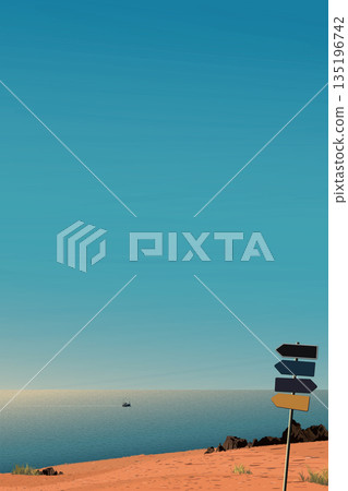 Minimalist seascape view from cliff with blank direction signboard pole have blue sky vertical background graphic illustration. Minimalist seascape view from cliff with blank direction signboard pole have blue sky vertical background graphic illustration. 135196742