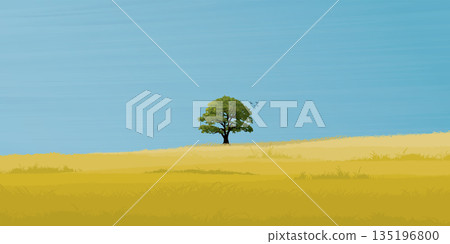 Minimalist grass field landscape and big tree with blue sky background graphic illustrated have blank space. Minimalist grass field landscape and big tree with blue sky background graphic illustrated have blank space. 135196800