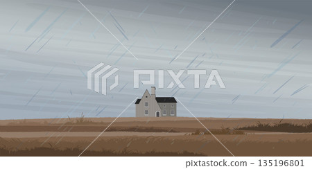 Minimalist grass field landscape with country house in rainy season graphic illustrated have blank space. 135196801
