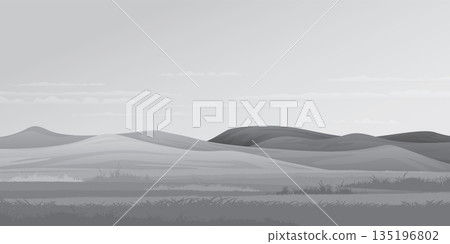 Minimalist grass field landscape with mountain ranges grayscale graphic illustrated have blank space. Minimalist grass field landscape with mountain ranges grayscale graphic illustrated have blank space. 135196802