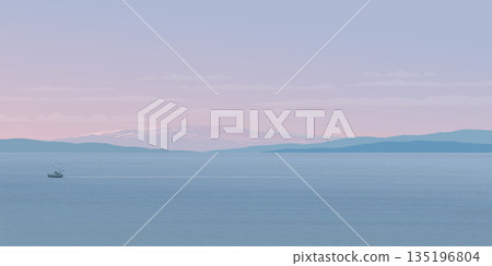 Minimalist seascape with fishing boat followed by seagulls have mountain and twilight sky background graphic illustration have blank space. 135196804