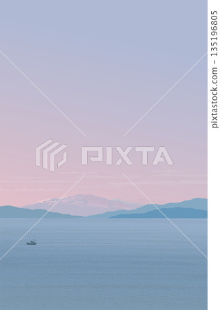 Minimalist seascape with fishing boat followed by seagulls have mountain and twilight sky vertical background graphic illustration have blank space. Minimalist seascape with fishing boat followed by seagulls have mountain and twilight sky vertical background graphic illustration have blank space. 135196805