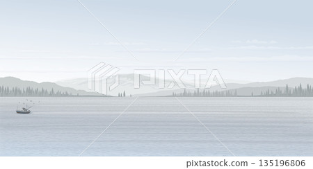 Minimalist seascape in winter season with fishing boat followed by seagulls have mountain ranges, silhouetted pine forest and dusk sky background graphic illustration have blank space. 135196806