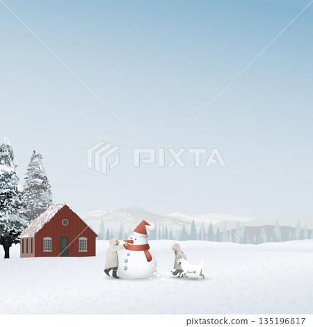 Cottage in snowscape have kids and dog playing together with snowman have pine forest and blue sky behind graphic illustration. Merry Christmas and Happy New Year greeting card square template have 135196817