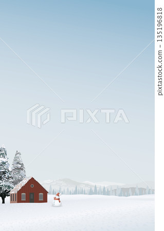 Minimalist snowscape with log cabin and snowman have pine forest, mountain ranges and blue sky behind graphic illustration. Merry Christmas and Happy New Year greeting card vertical template have 135196818