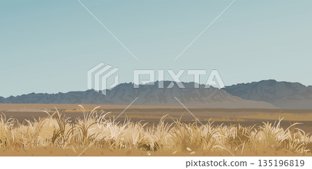 Minimalism countryside landscape with field and mountain ranges in autumn season graphic illustration. 135196819